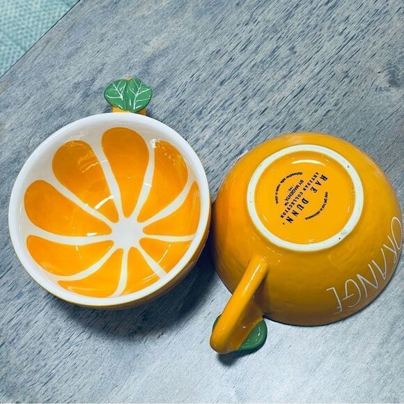 NWT Set of 2,Gorgeous Rae Dunn ORANGE Glossy Ceramic Mugs Set with leaf handle - Picture 9 of 17